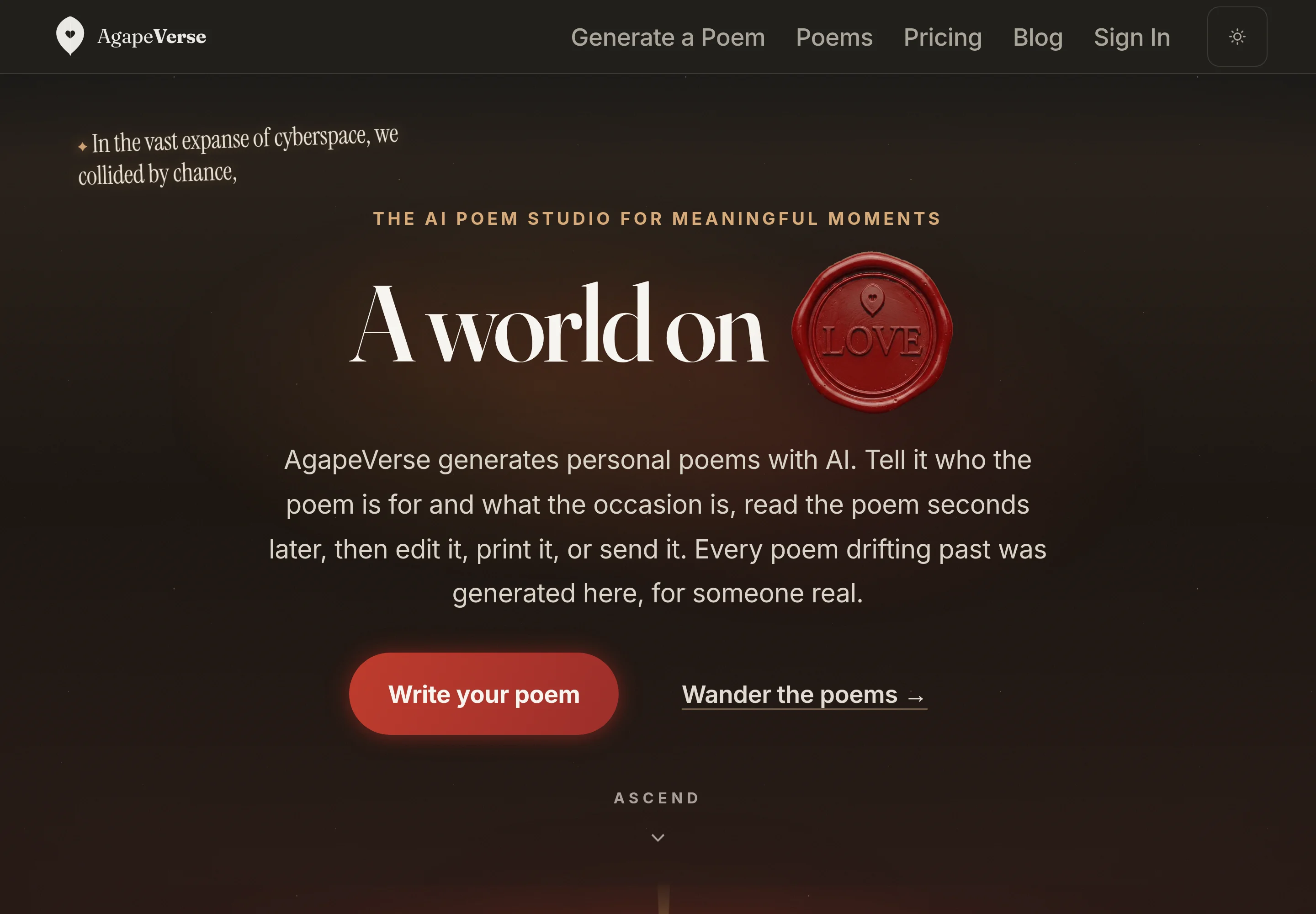 The AgapeVerse home page