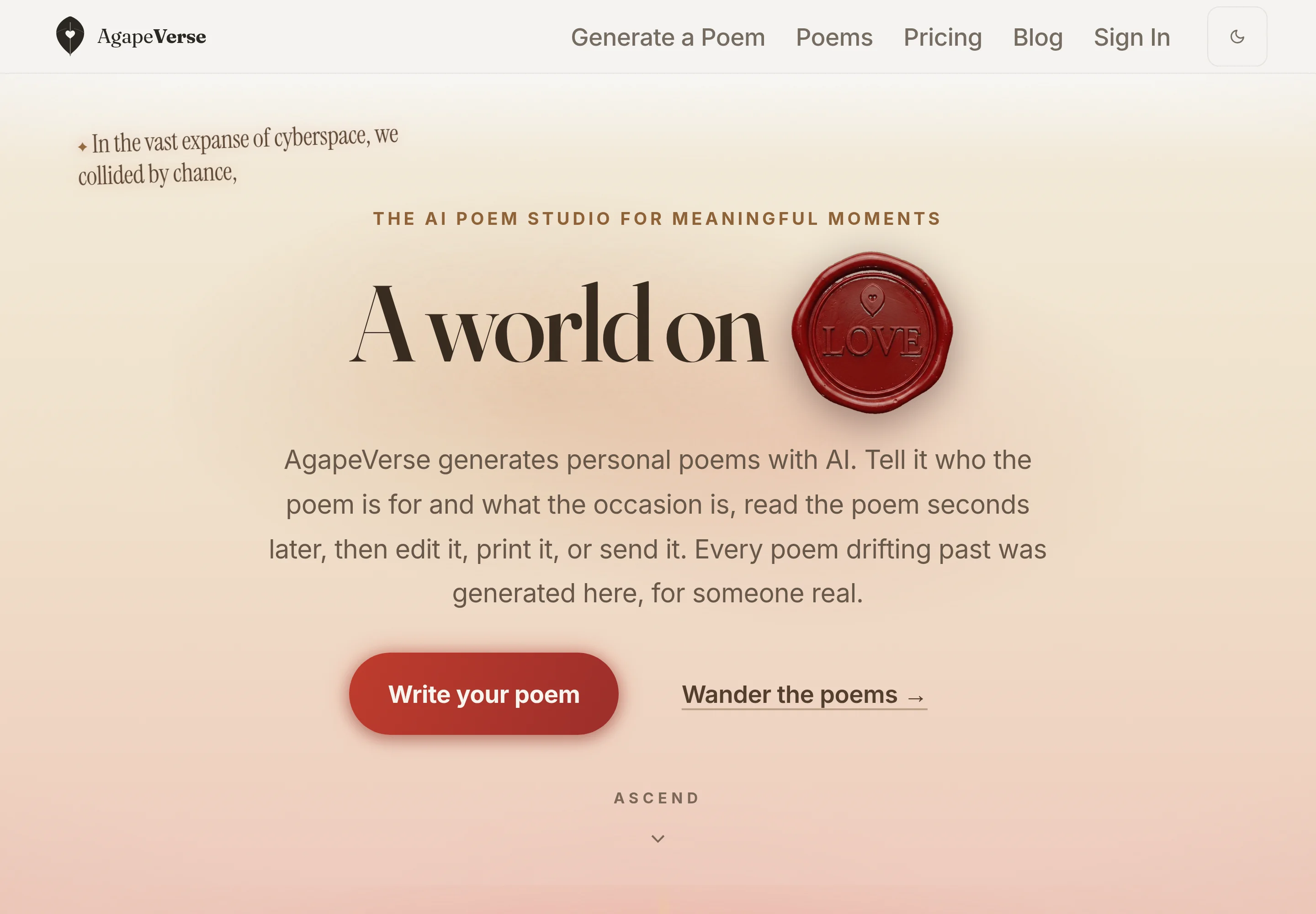 The AgapeVerse home page
