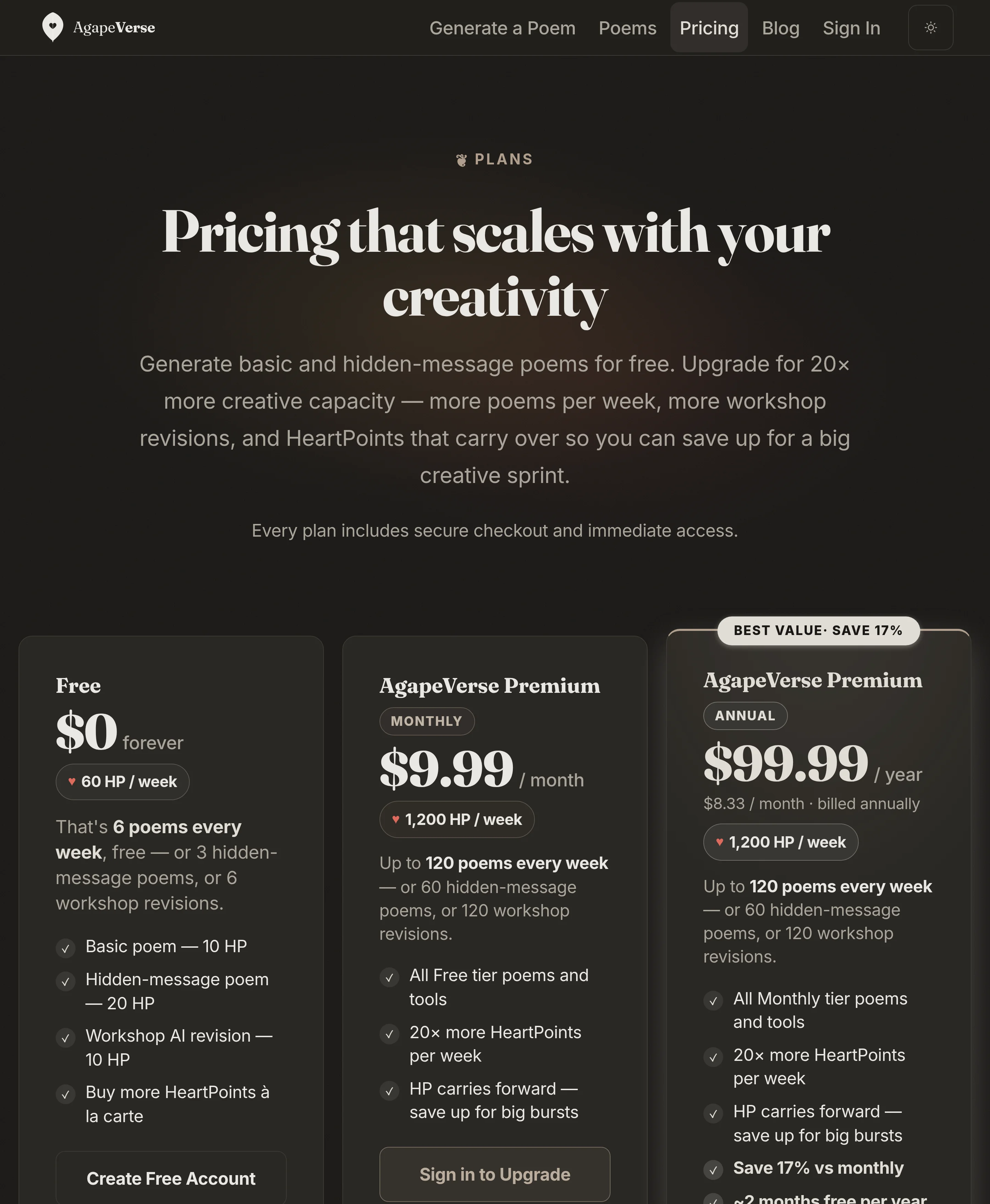 The AgapeVerse pricing page