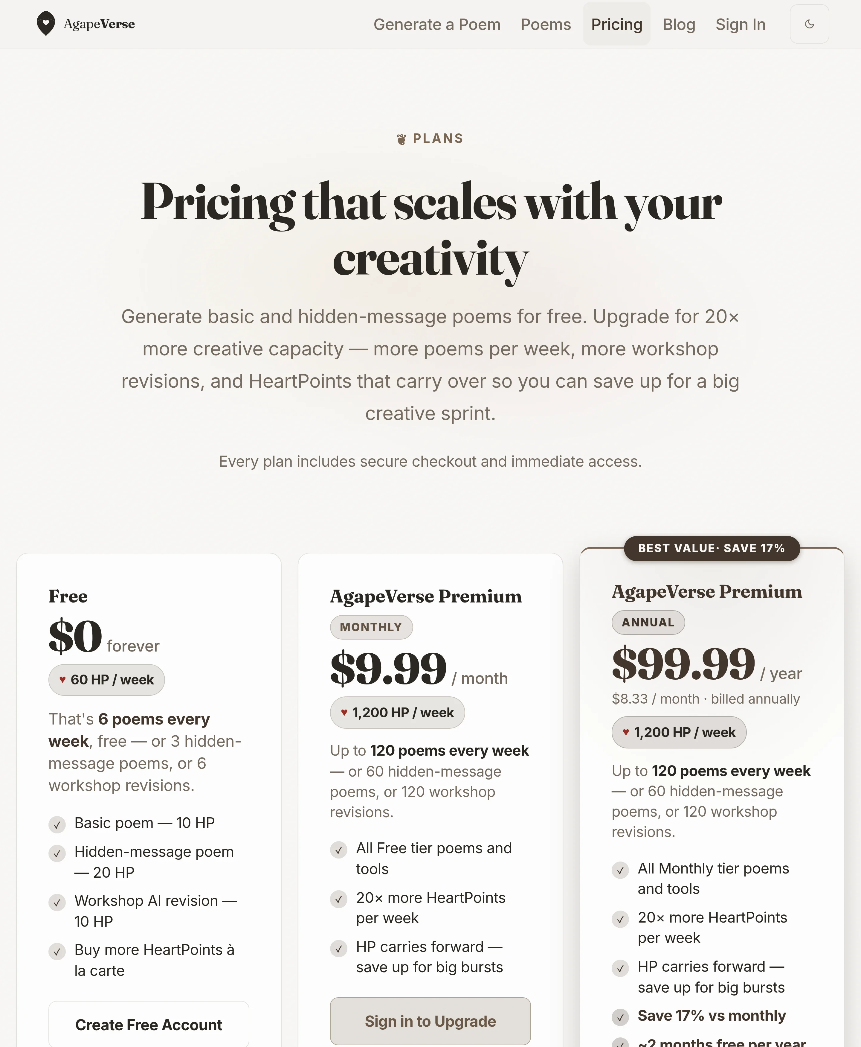 The AgapeVerse pricing page