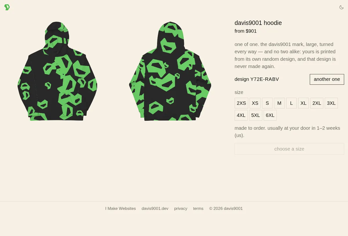 The davis9001 hoodie's product page: the front and back of a black hoodie covered in large green davis9001 marks at every angle, with its design code, an another one button, and sizes 2XS to 6XL from $901.