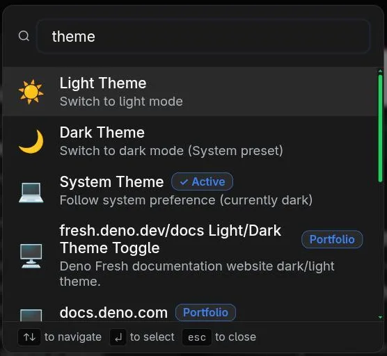 The command palette with 'theme' typed in. Three entries: Light Theme (sun icon) 'Switch to light mode', Dark Theme (moon icon) 'Switch to dark mode (System preset)', and System Theme, badged Active, 'Follow system preference (currently dark)'. Below them, two portfolio results about theme toggles.