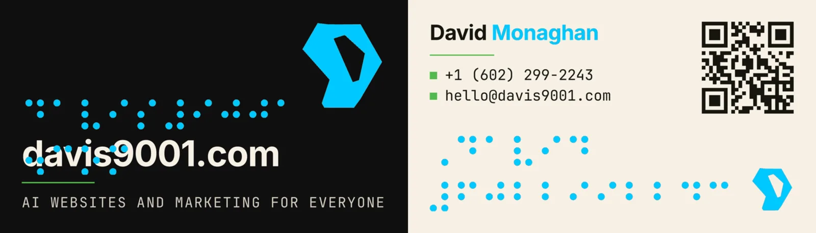 The card's artwork with every raised area drawn in blue: the large mark, both rows of Braille on each side, and the word Monaghan.