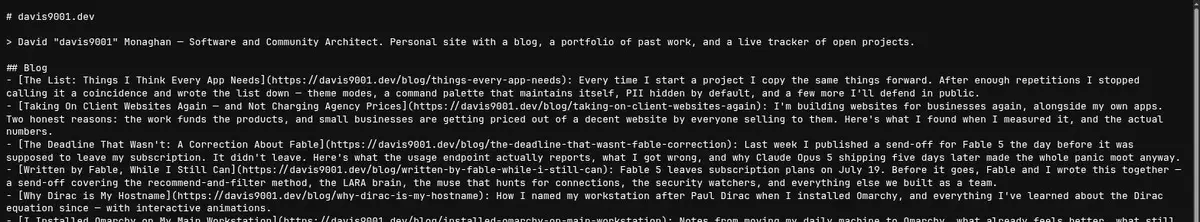 A plain text llms.txt file listing the site's blog posts as markdown links with one-line summaries, this post first.