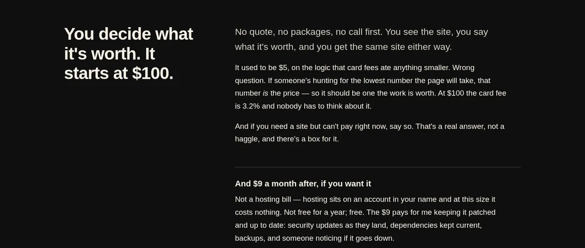 The pricing section of davis9001.com: You decide what it's worth. It starts at $100. Beside it, why it used to be $5 and is now $100, that saying you cannot pay right now is a real answer, and the optional $9 a month for upkeep.