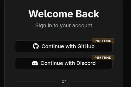 A sign-in card with two buttons: Continue with GitHub and Continue with Discord. Each carries a small PRETEND tag because this is a local development instance.