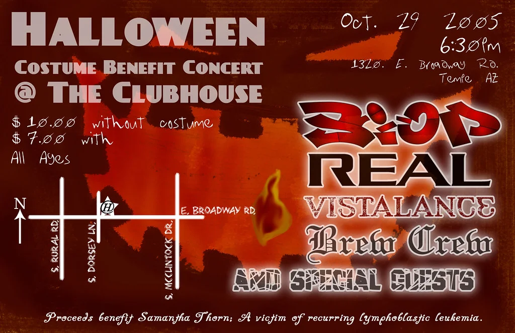 A flyer on a torn red and black background: Halloween Costume Benefit Concert at The Clubhouse, Oct. 29 2005, 6:30 pm, 1320 E. Broadway Rd, Tempe AZ, $10.00 without costume, $7.00 with, all ages, with a hand-drawn map and the bands Stop, Real, Vistalance and Brew Crew. Proceeds benefit Samantha Thorn, a victim of recurring lymphoblastic leukemia.