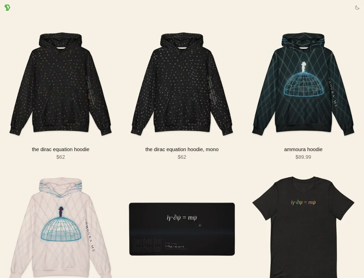 The davis9001 shop grid: the Dirac equation hoodie and its mono version at $62, the Ammoura hoodie at $89.99, and below them the light Ammoura hoodie, the Dirac desk mat and the Dirac equation tee.