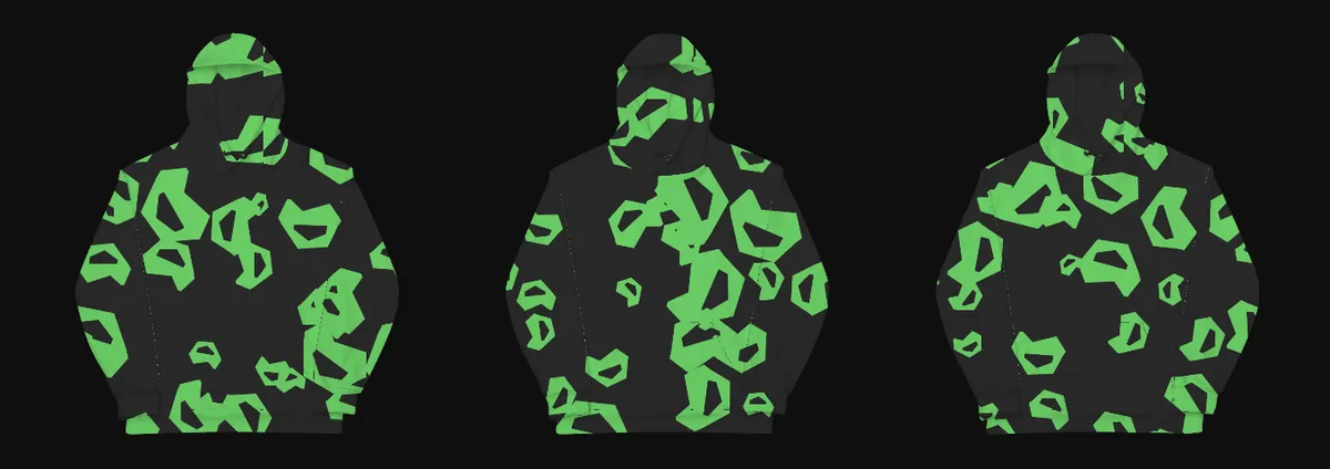 Three different davis9001 hoodies, side by side, each from its own design code: the same large green marks, turned and placed differently every time.