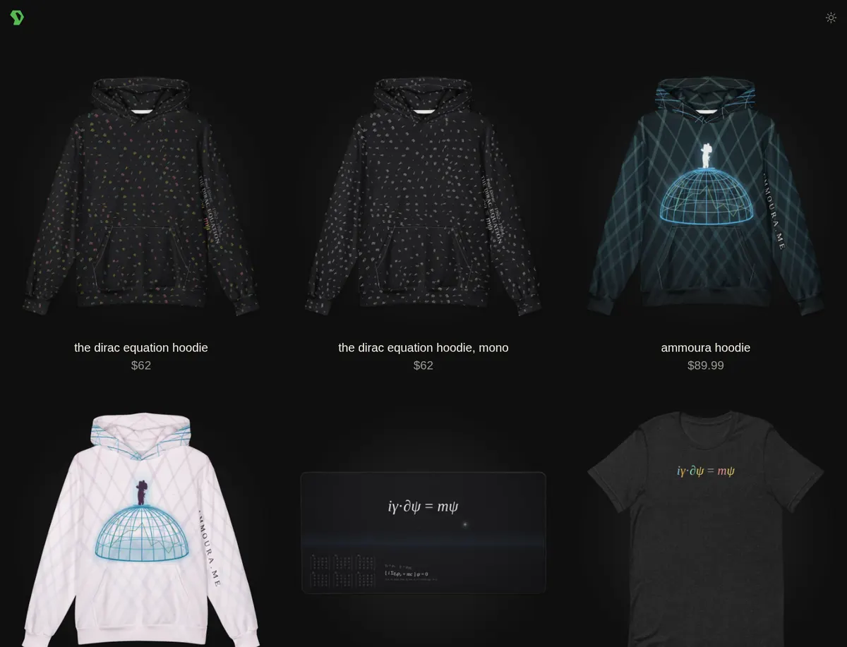 The davis9001 shop grid: the Dirac equation hoodie and its mono version at $62, the Ammoura hoodie at $89.99, and below them the light Ammoura hoodie, the Dirac desk mat and the Dirac equation tee.
