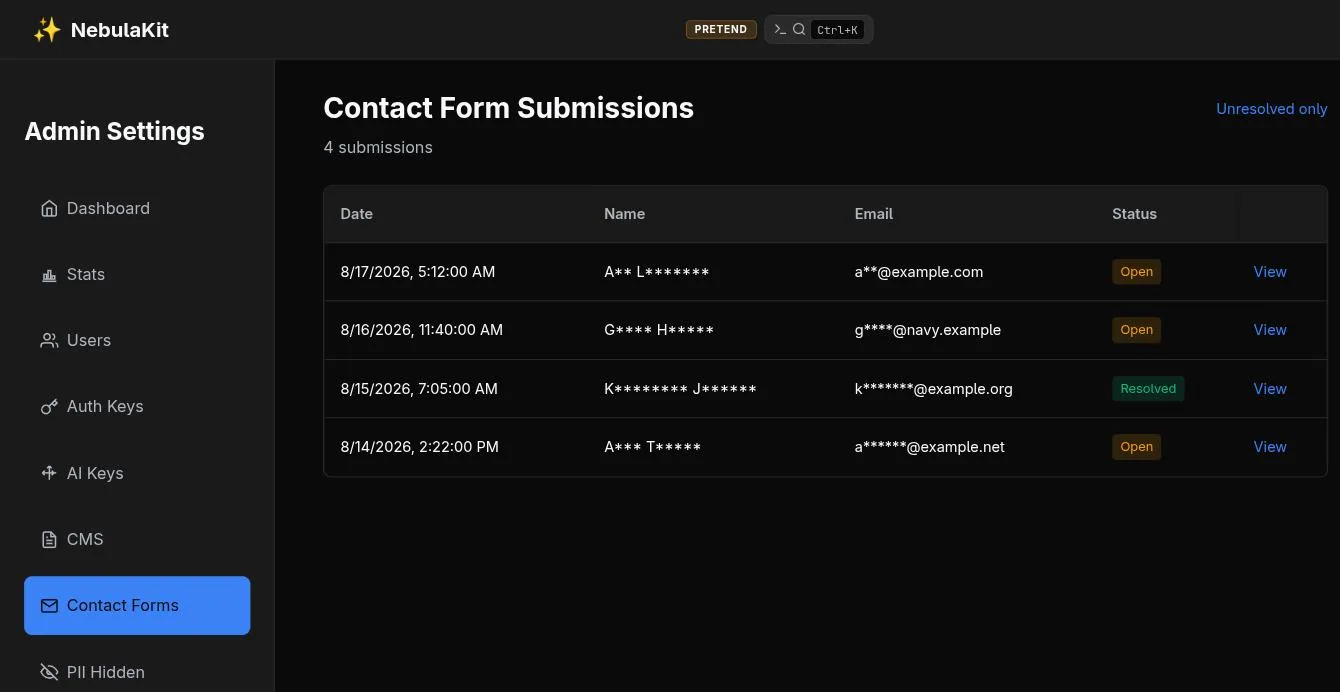 A NebulaKit admin list of contact form submissions. The Name column reads A** L*******, G**** H*****, K******** J******; the Email column reads a**@example.com, g****@navy.example. The sidebar shows a PII Hidden toggle.