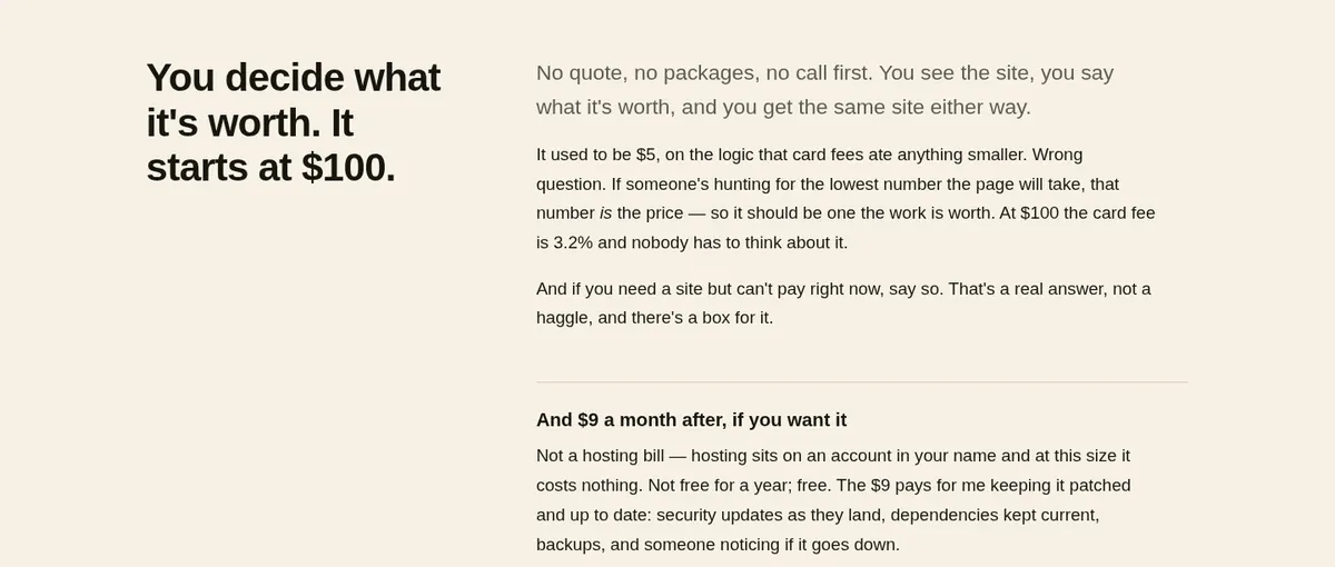 The pricing section of davis9001.com: You decide what it's worth. It starts at $100. Beside it, why it used to be $5 and is now $100, that saying you cannot pay right now is a real answer, and the optional $9 a month for upkeep.