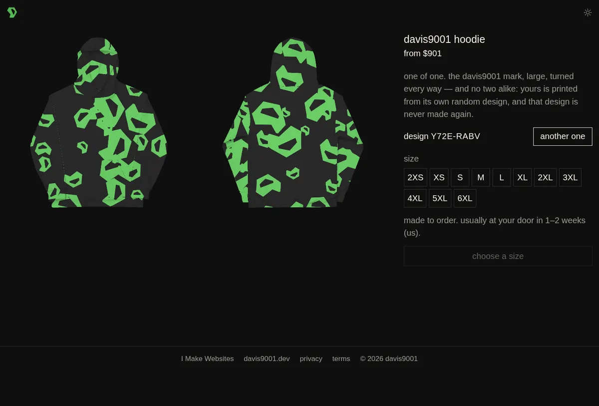 The davis9001 hoodie's product page: the front and back of a black hoodie covered in large green davis9001 marks at every angle, with its design code, an another one button, and sizes 2XS to 6XL from $901.