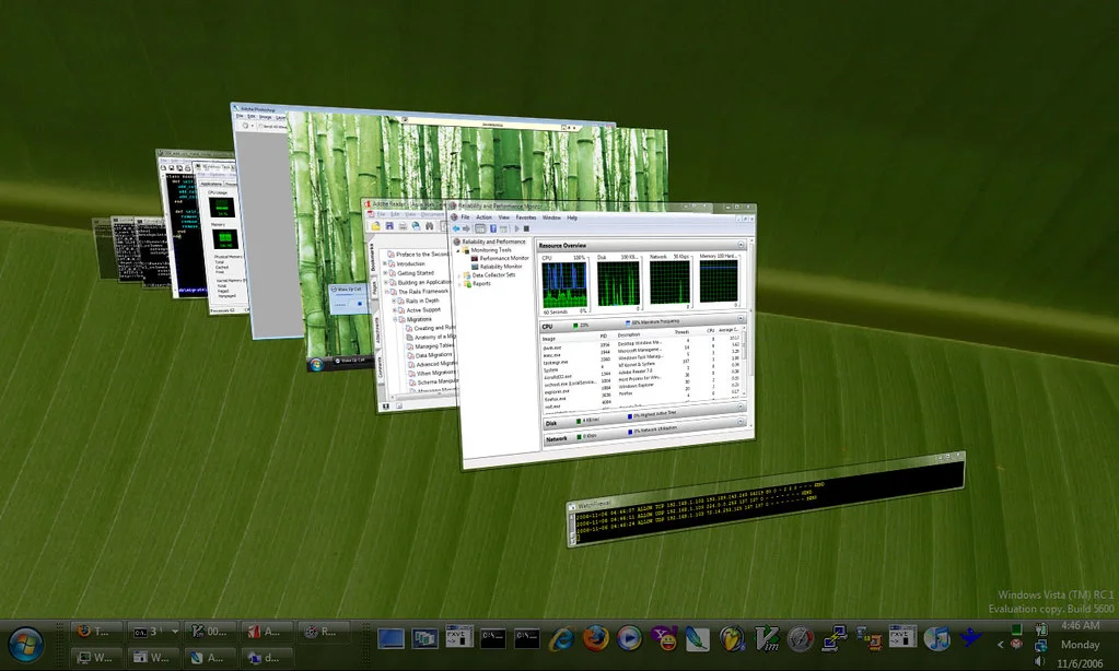 A Windows Vista desktop on a green leaf wallpaper, with Flip 3D fanning out a stack of windows: a Rails tutorial in Firefox, Photoshop, the Reliability and Performance Monitor with its CPU and disk graphs, several terminals, and a firewall log. The corner reads Windows Vista (TM) RC1 Evaluation copy, Build 5600, 4:46 AM, Monday, 11/6/2006.