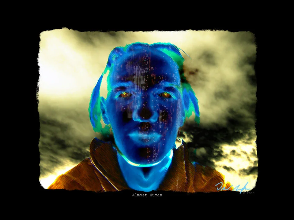 A self-portrait inverted to blue and yellow: a face in deep blue with glowing eyes against a sky that has been turned the colour of brass, inside a rough torn-paper border.