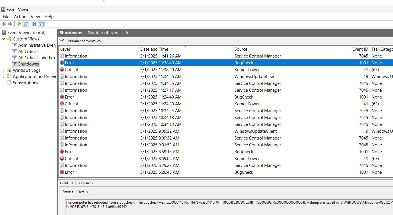 Win11 PC Screenshot: Event Viewer Restarts